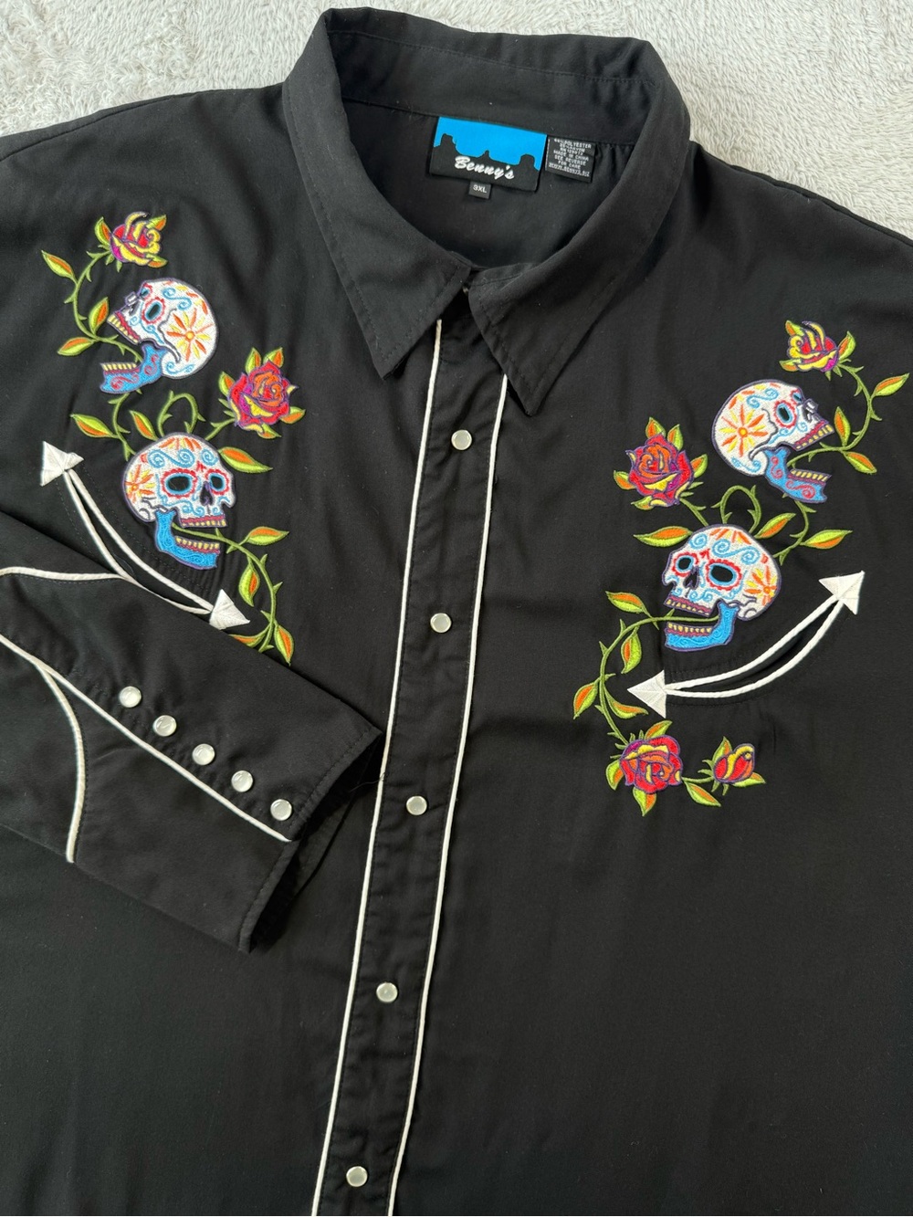 Benny’s 3XL Sugar Skull Rose Embroidered Western Pearl Snap Shirt Black